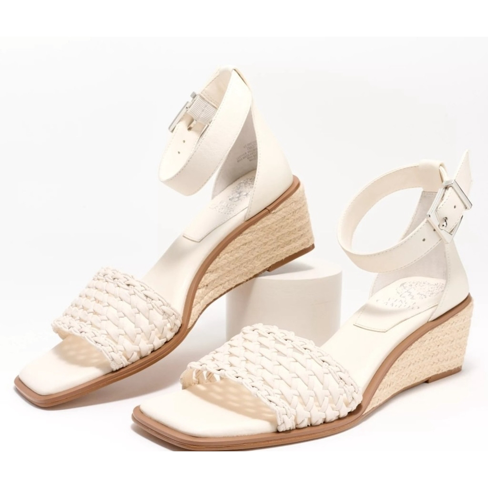 Vince Camuto WHITE Leather Net Low Ankle Strap Espadrille Wedge SZ 9 Wide - Picture 2 of 8